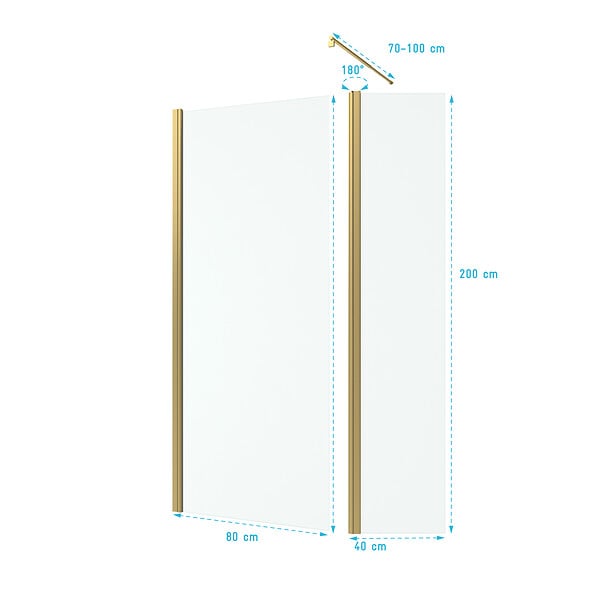 AURLANE - Paroi de Douche et Volet Pivotant 80+40x200 cm - Profilé + Barre de Fixation Or Doré Brossé - large
