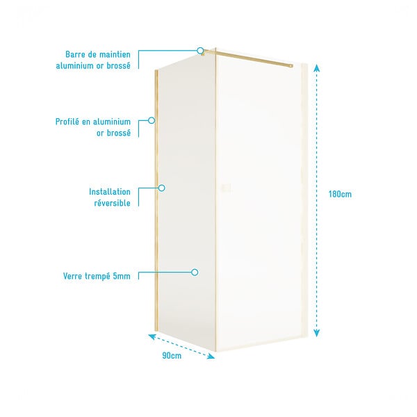 AURLANE - Retour pour Porte de Douche 90x180 cm Verre Trempe 5mm - Finition Or Brosse - GOLD ELEMENTARY - large