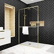 AURLANE - Paroi de Douche Or Doré Brossé 120x200cm - Porte-Serviette et Etagère - vignette