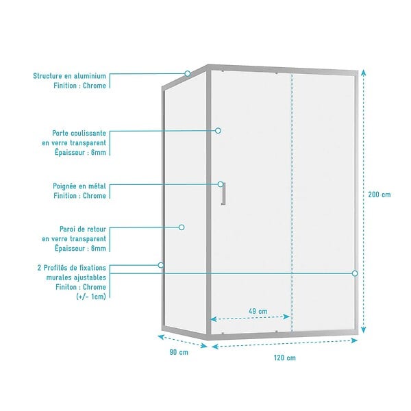 AURLANE - Porte de Douche Coulissante et Retour 120x90x200cm - Profilés Chrome - Verre trempé 6mm - large