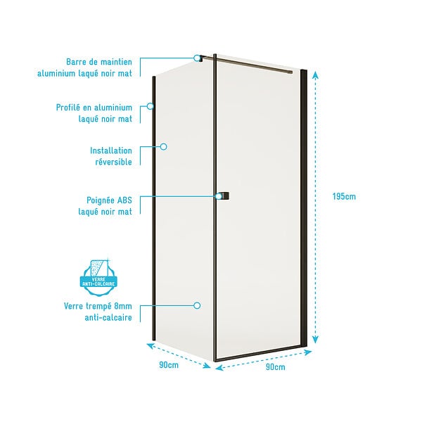 AURLANE - Porte de Douche Pivotante 90x195cm et Retour 90cm - Verre 8mm Anticalcaire - Profil Noir - large