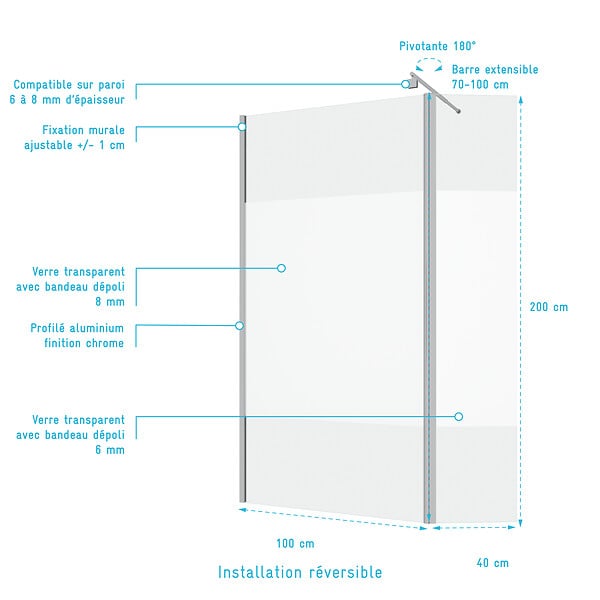 AURLANE - Paroi de Douche et Volet Pivotant 100+40x200 cm - Bande Dépolie - Barre de Fixation Chrome - large