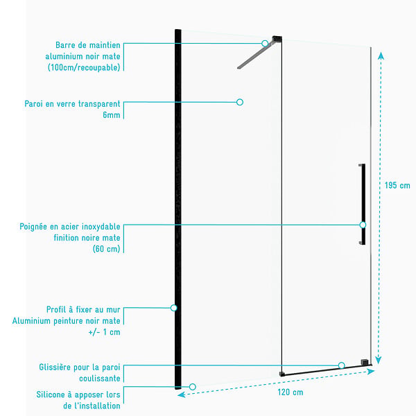 AURLANE - Porte de Douche Coulissante 120x195cm Verre Trempé Transparent 6mm - Finition Noire Mate - SLIDE-IN - large