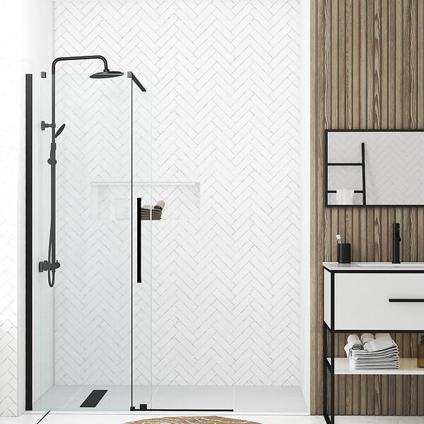 AURLANE - Porte de Douche Coulissante 120x195cm Verre Trempé Transparent 6mm - Finition Noire Mate - SLIDE-IN - large