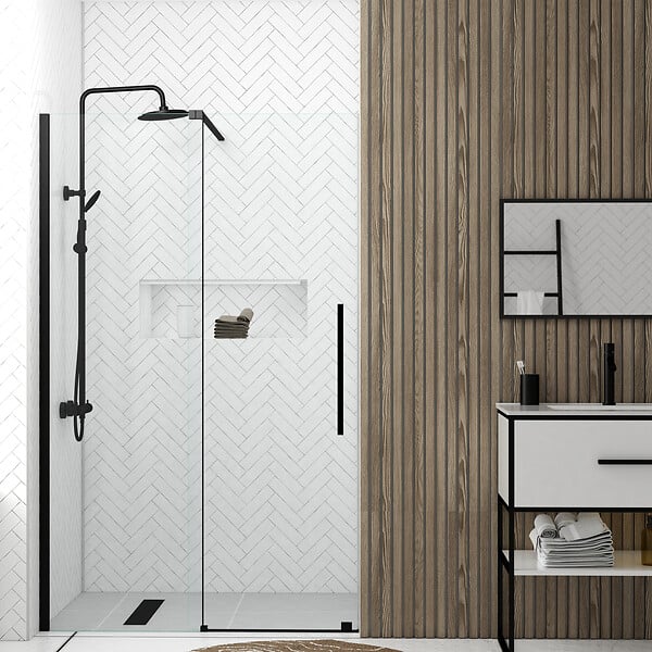 AURLANE - Porte de Douche Coulissante 120x195cm Verre Trempé Transparent 6mm - Finition Noire Mate - SLIDE-IN - large
