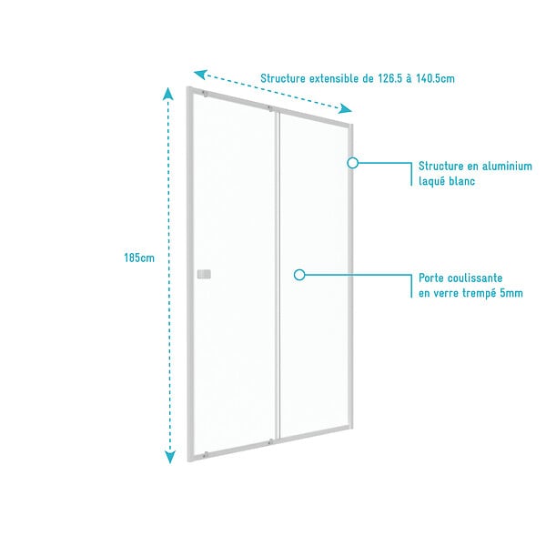 AURLANE - Porte de douche coulissante blanc 140x185cm - extensible - WHITY slide 140 - large