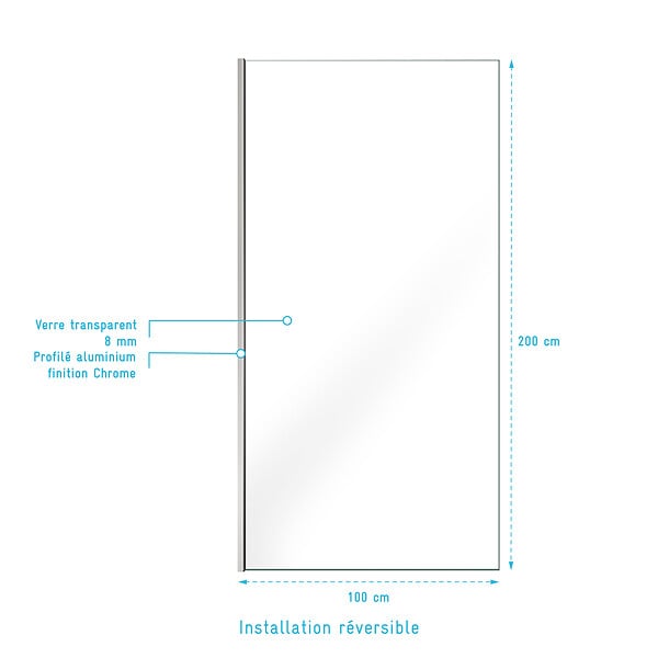 AURLANE - Paroi de Douche 100x200cm - Verre Trempé Transparent 8mm - Profilé Chrome - FREEDOM 2 CHROMED - large