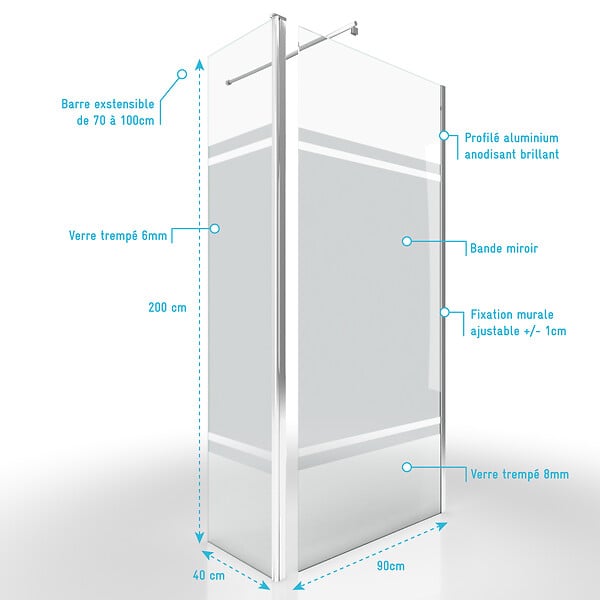 AURLANE - Paroi de Douche et Volet Pivotant 90+40x200 cm - Bandeau Miroir - Barre de Fixation Chrome - large