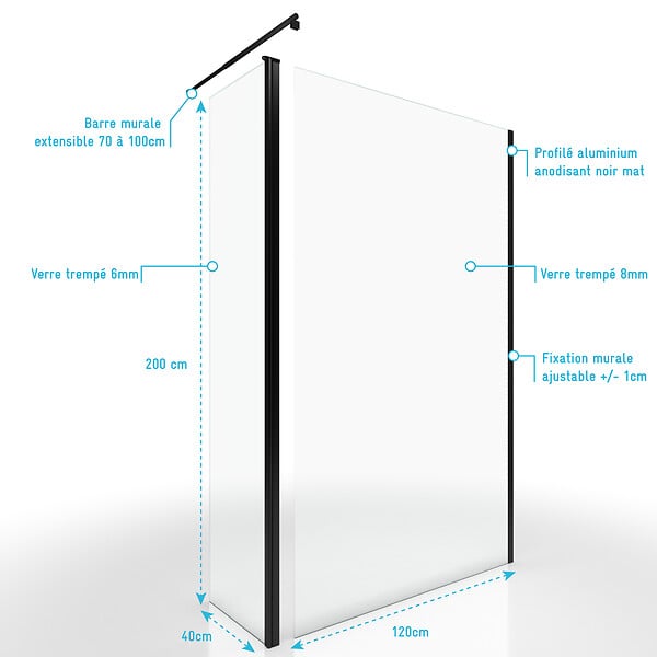AURLANE - Paroi de Douche et Volet Pivotant 120+40x200 cm - Verre Transparent - Barre de Fixation Noire - large