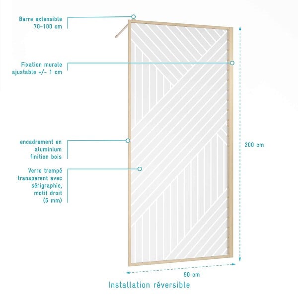 AURLANE - Paroi de douche 90x200 HINATA - Style Japandi Geometrique - Cadre Effet Bois - Verre 6mm - large