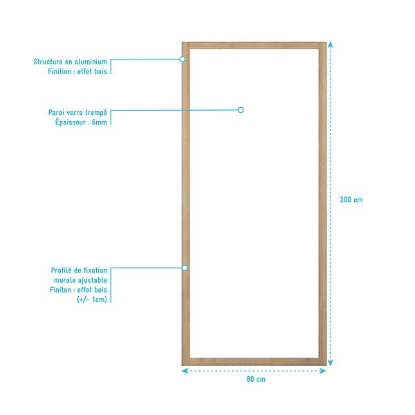 AURLANE - Paroi de retour 80x200cm - Profilés Aluminium effet Bois - Verre Trempé 6mm - WOOD CRUSH - large