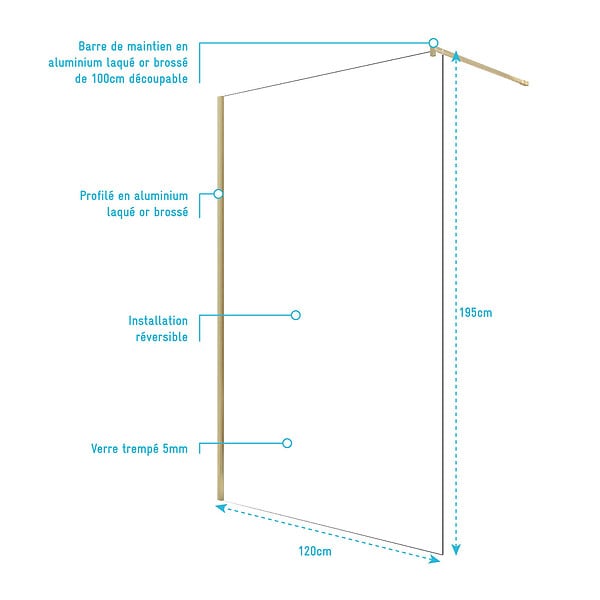 AURLANE - Paroi de Douche 120x195 cm en Verre Trempé 5 mm - Finition Or Brossé - GOLD ELEMENTARY - large