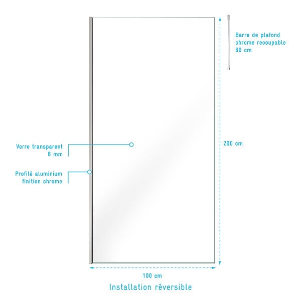 AURLANE - Paroi de Douche 100x200cm Verre Transparent - Profilé + Barre Plafond Chrome - FREEDOM 2 CHROMED - large