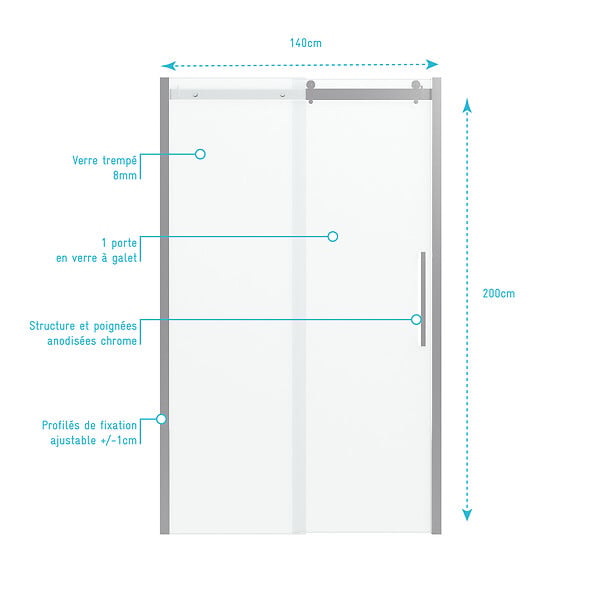 AURLANE - Porte de douche 140x200 cm + 1 porte coulissante verre trempé 8mm - sens d'ouverture réversible - large