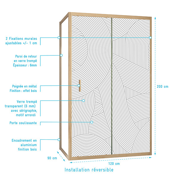 AURLANE - Porte de Douche Coulissante avec Retour 120x90x200cm Style Japandi Arrondi - Cadre Effet Bois - large