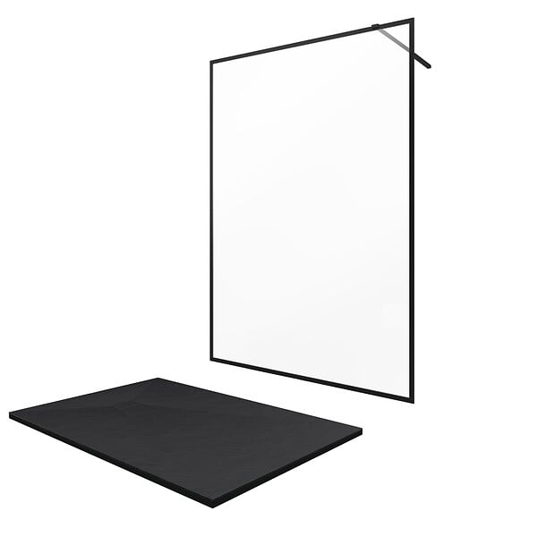 AURLANE - Paroi de douche 140x200 + receveur a poser 140x90 cm + cadre et barre noir mat - CONTOURING 140 - large