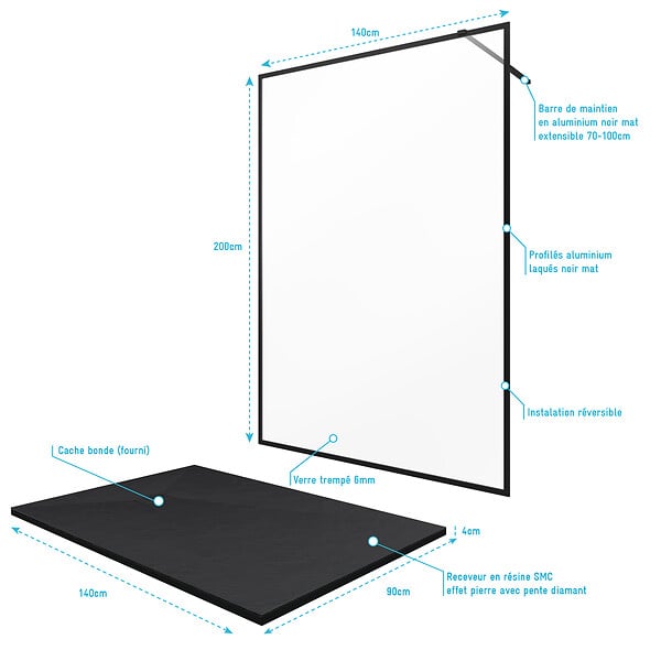 AURLANE - Paroi de douche 140x200 + receveur a poser 140x90 cm + cadre et barre noir mat - CONTOURING 140 - large