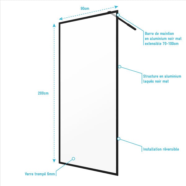AURLANE - Paroi de Douche 90x200 cm - Cadre et Bras Aluminium NOIR MAT - DARK CONTOURING - large
