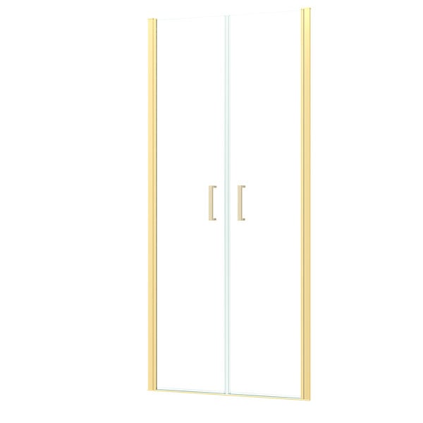 AURLANE - Porte de Douche Double Battant 90x200cm - Verre Trempé Transparent 6mm - Profil Or Doré Brossé - large