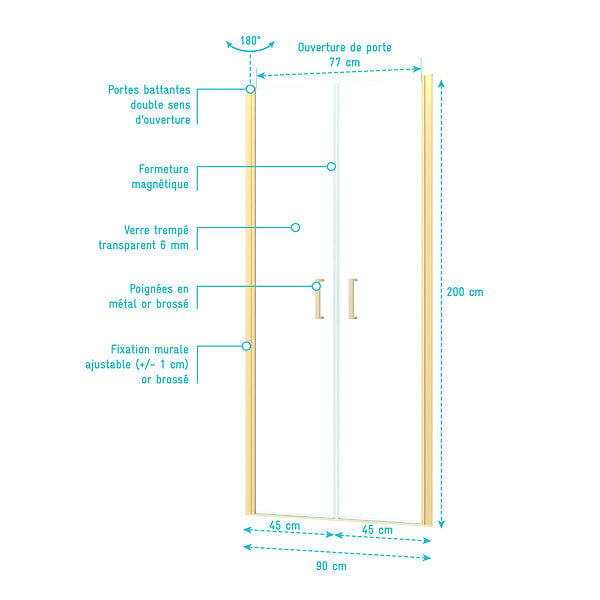 AURLANE - Porte de Douche Double Battant 90x200cm - Verre Trempé Transparent 6mm - Profil Or Doré Brossé - large