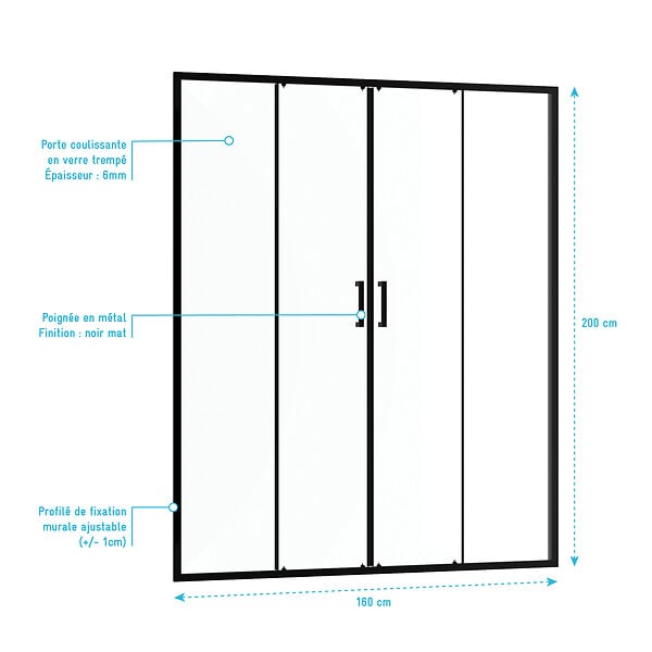 AURLANE - Porte de douche Double Coulissant 160x200 cm - Verre transparent - Profilé Noir - CRUSH - large