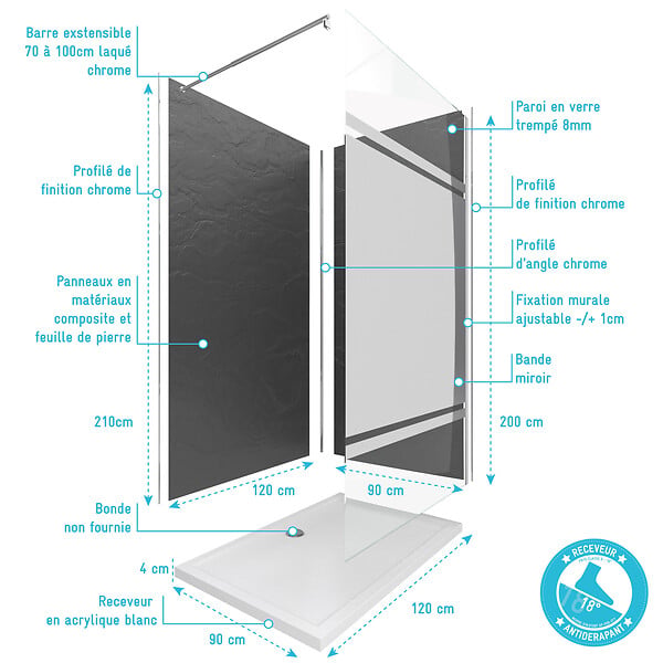 AURLANE - Ensemble complet douche à l'Italiennne avec Receveur 90x90 + Paroi Miroir + Panneaux muraux Ardoise - large