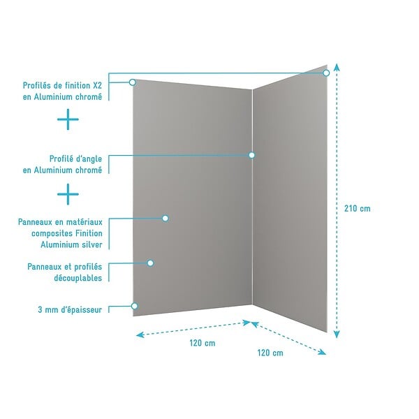 AURLANE - Pack 2 Panneaux Muraux en Aluminium Silver 120x210 cm + Profilés Chrome - large
