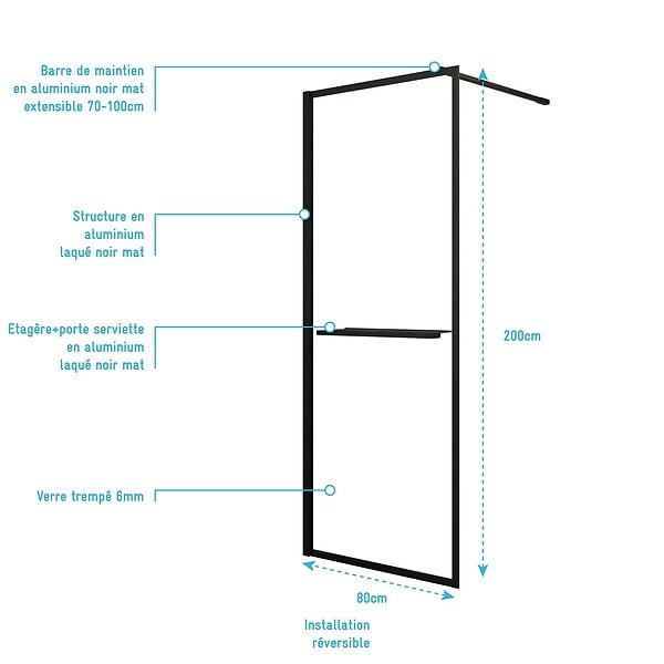 AURLANE - Paroi de Douche Noir Mat 80x200cm - Porte-serviette et étagère - DARK CONTOURING SHELF - large