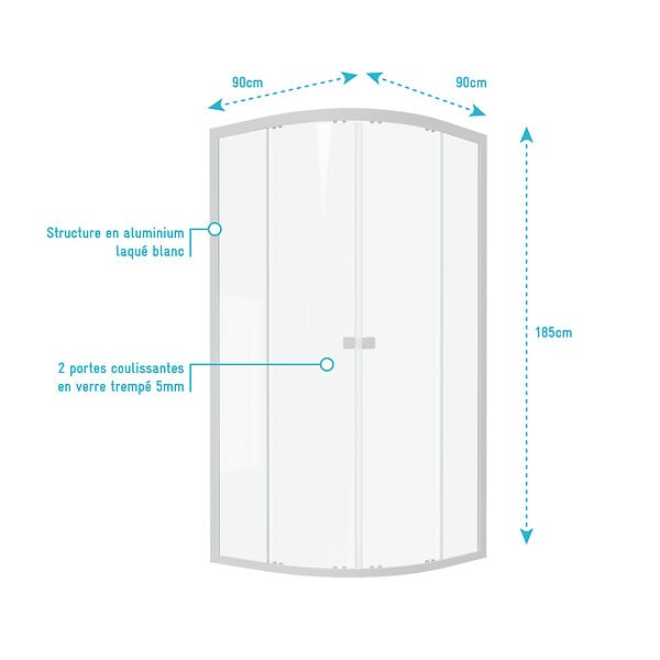 AURLANE - Porte de douche 1/4 cercle blanc 90x90cm de largeur - verre transparent - WHITY ROUND - large