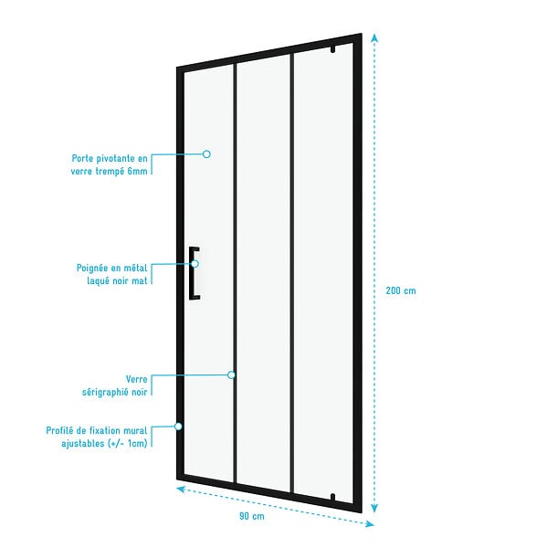 AURLANE - Porte de douche pivotante type industriel - 90x200cm - PROFILE NOIR MAT - verre 6mm - large