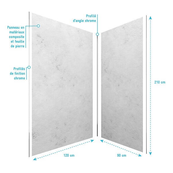 AURLANE - Pack de 2 Panneaux Muraux Pierre Light Grey 90+120x210 cm avec Profilés ANODISE BRILLANT - STONE'IT - large