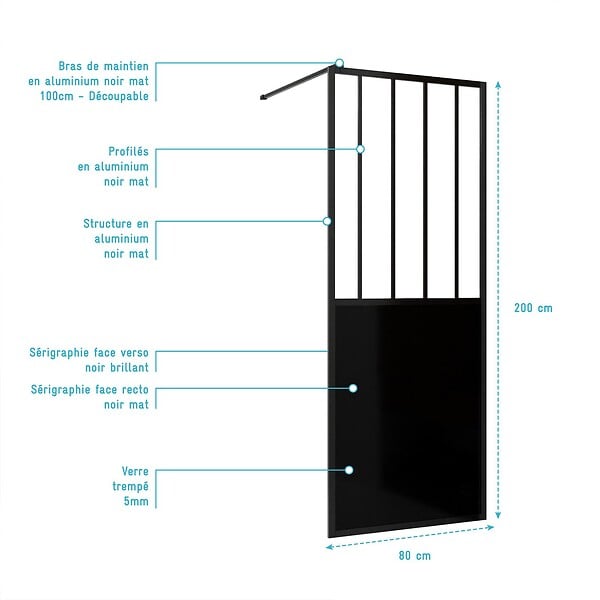 AURLANE - Paroi de douche 80x200 cm type Verriere - Verre trempe et Structure aluminium noir mat - GLASSY - large