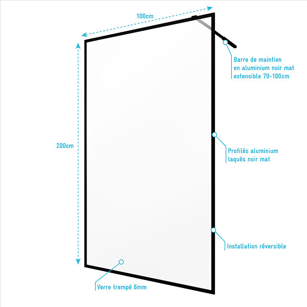 AURLANE - Paroi de Douche 100x200 cm - Cadre et Bras Aluminium NOIR MAT - DARK CONTOURING - large