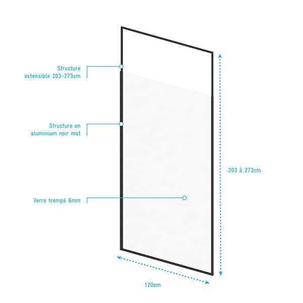 AURLANE - Paroi de douche 120x203cm à structure noir mat extensible 203cm à 273cm STRETCHY - large