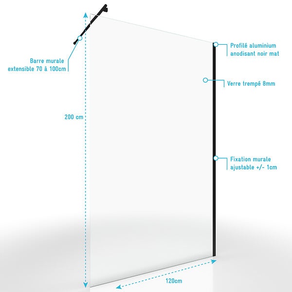 AURLANE - Paroi de Douche 120x200cm Verre Transparent - Barre de Fixation Extensible et Profil Noir - large