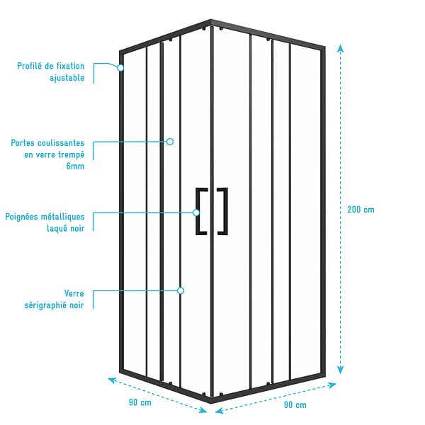 AURLANE - porte de douche carrée coulissante - verre sérigraphié noir 90x90 - large