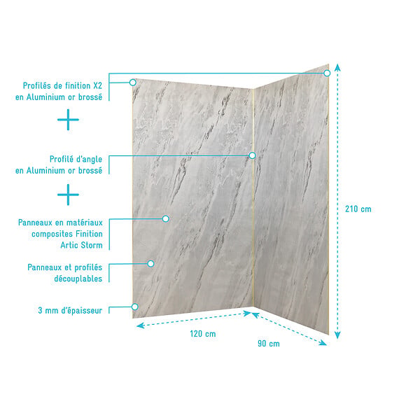 AURLANE - Pack 2 Panneaux Muraux Pierre Artic Storm 120+90x210 cm + Profilés Or Brossé - large