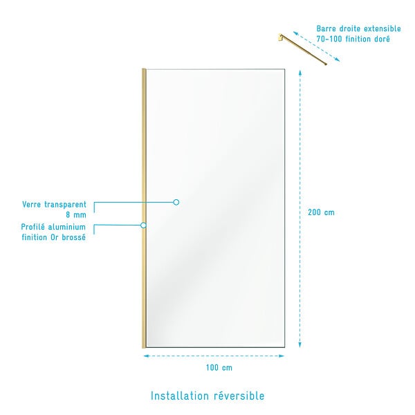 AURLANE - Paroi de Douche 100x200cm Verre Transparent - Barre de Fixation Extensible et Profil Or Brossé - large