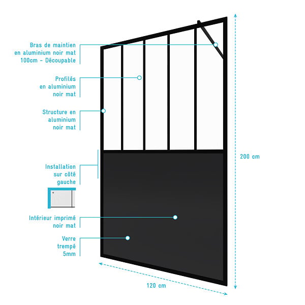 AURLANE - Paroi de douche 120x200 cm type Verriere - Verre trempe et Structure aluminium noir mat - large