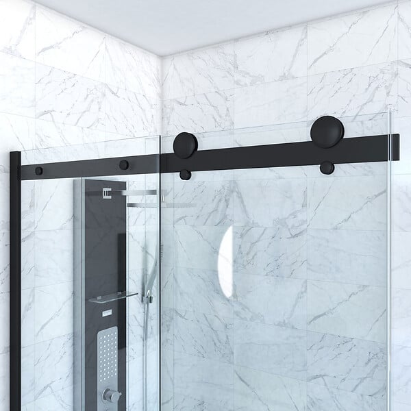 AURLANE - Porte de douche coulissante 140x200 cm noir mat - rail soft close + RETOUR 90 cm - large