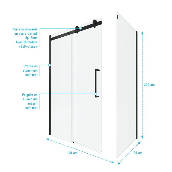 AURLANE - Porte de douche coulissante 140x200 cm noir mat - rail soft close + RETOUR 90 cm - large