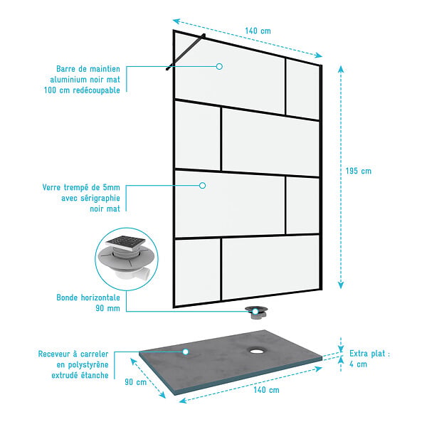 AURLANE - Pack Paroi de douche 140x195 cm + RECEVEUR DE DOUCHE A CARRELER 90x140 RECOUPABLE - large