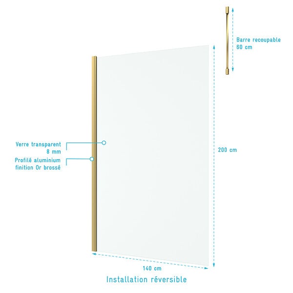 AURLANE - Paroi de Douche 140x200cm Verre 8mm - Profilé + Barre Plafond Finition Or Brossé - FREEDOM 2 GOLD - large