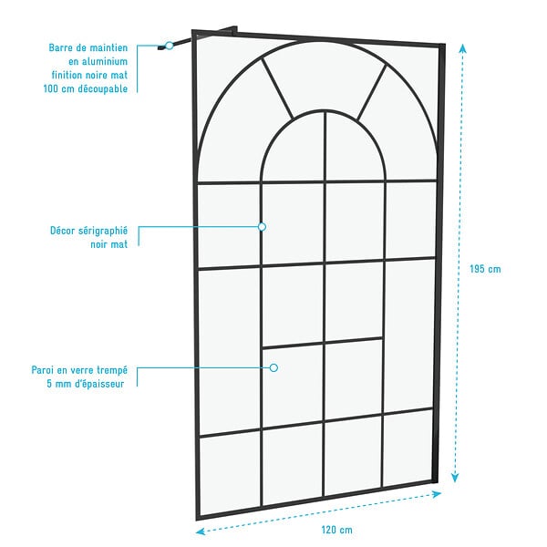 AURLANE - Paroi de douche Déco 120x195cm Verre 5mm Sérigraphié - Barre de fixation Noir Mat - large