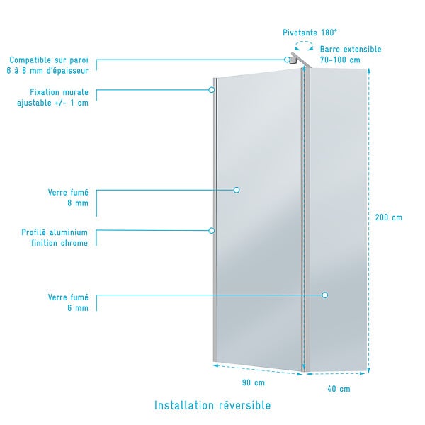 AURLANE - Paroi de Douche et Volet Pivotant 90+40x200cm - Verre Fumé + Barre Fixation Chrome - large