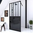 AURLANE - Paroi de douche 90x200 cm type Verriere - Verre trempe et Structure aluminium noir mat - vignette
