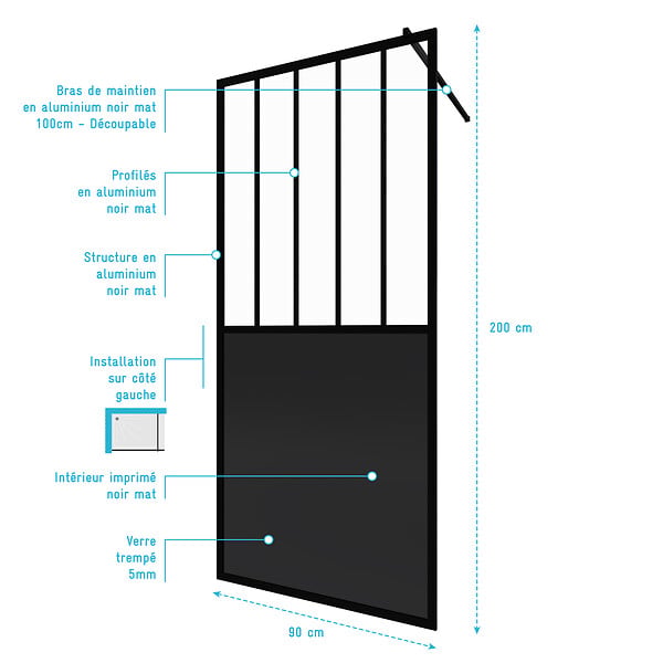 AURLANE - Paroi de douche 90x200 cm type Verriere - Verre trempe et Structure aluminium noir mat - large