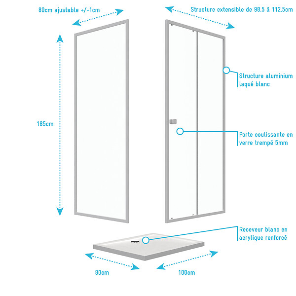 AURLANE - Pack porte de douche Coulissante blanc 100X185 cm + paroi de retour 80cm + receveur à poser - WHITY - large