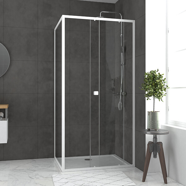 AURLANE - Pack porte de douche Coulissante blanc 100X185 cm + paroi de retour 80cm + receveur à poser - WHITY - large