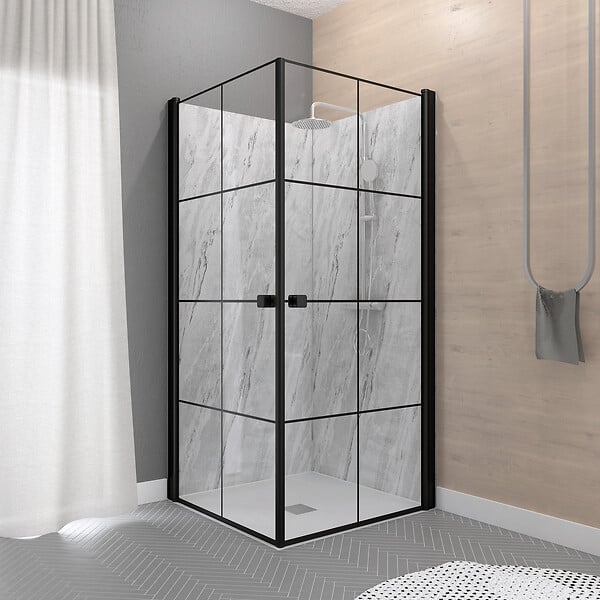 AURLANE - Portes de Douche en Angle 80x80x190 cm - Motifs carrés - Profilés Noir Mat - BLACK CUBE - large
